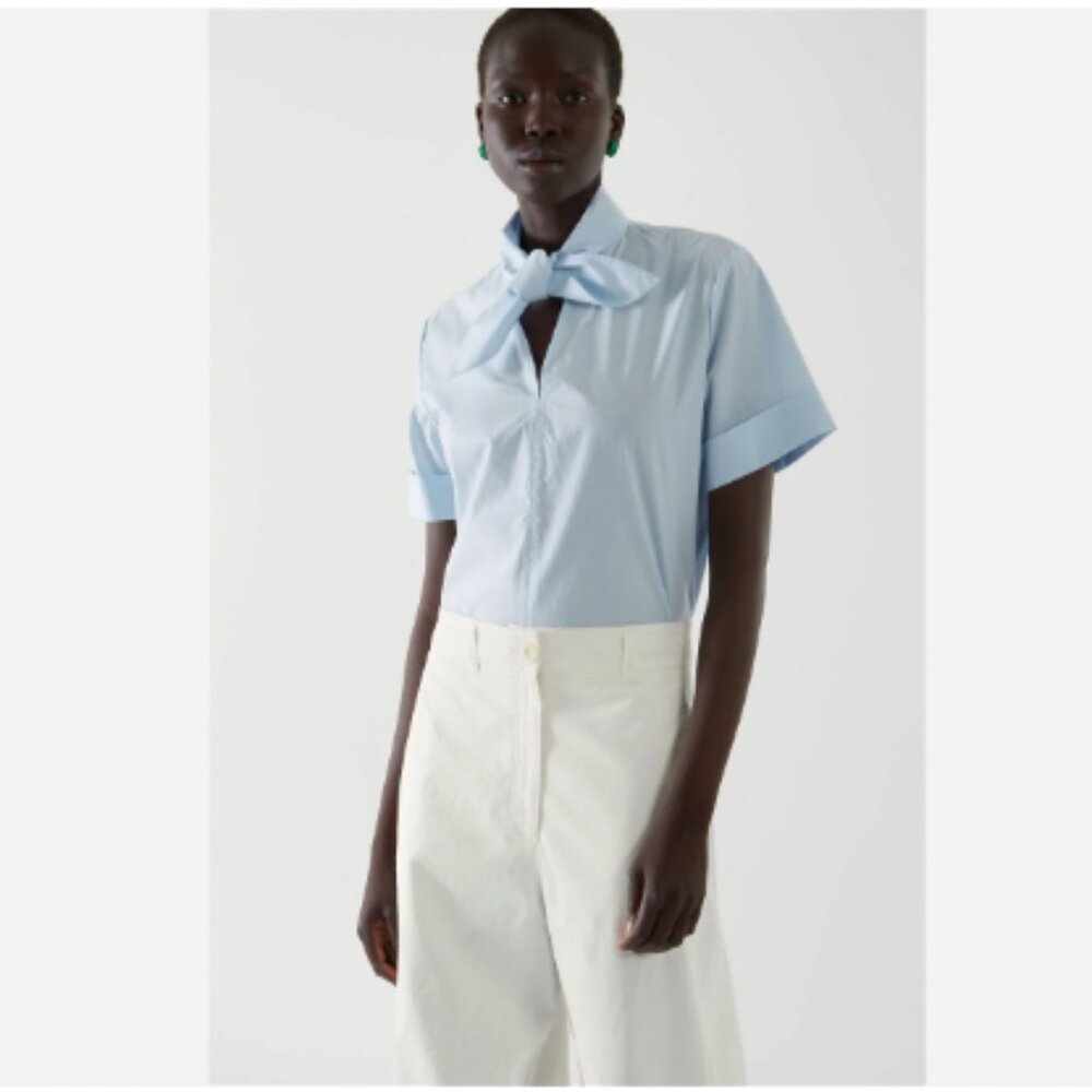 COS BABY BLUE BOW NECK SHORT SLEEVE POPLIN BLOUSE  - 12